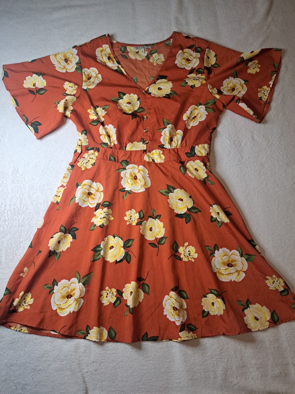 Speed Control Rust Floral V-Neck Dress with Yellow Blooms
